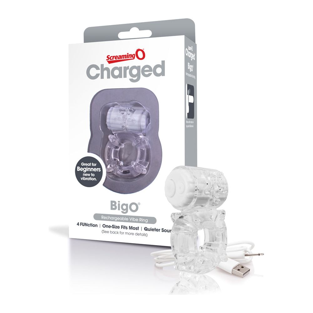 Charged BigO Rechargeable Vibrating Cock Ring for Couples - Enhanced Erection and Clitoral Stimulation - Clear