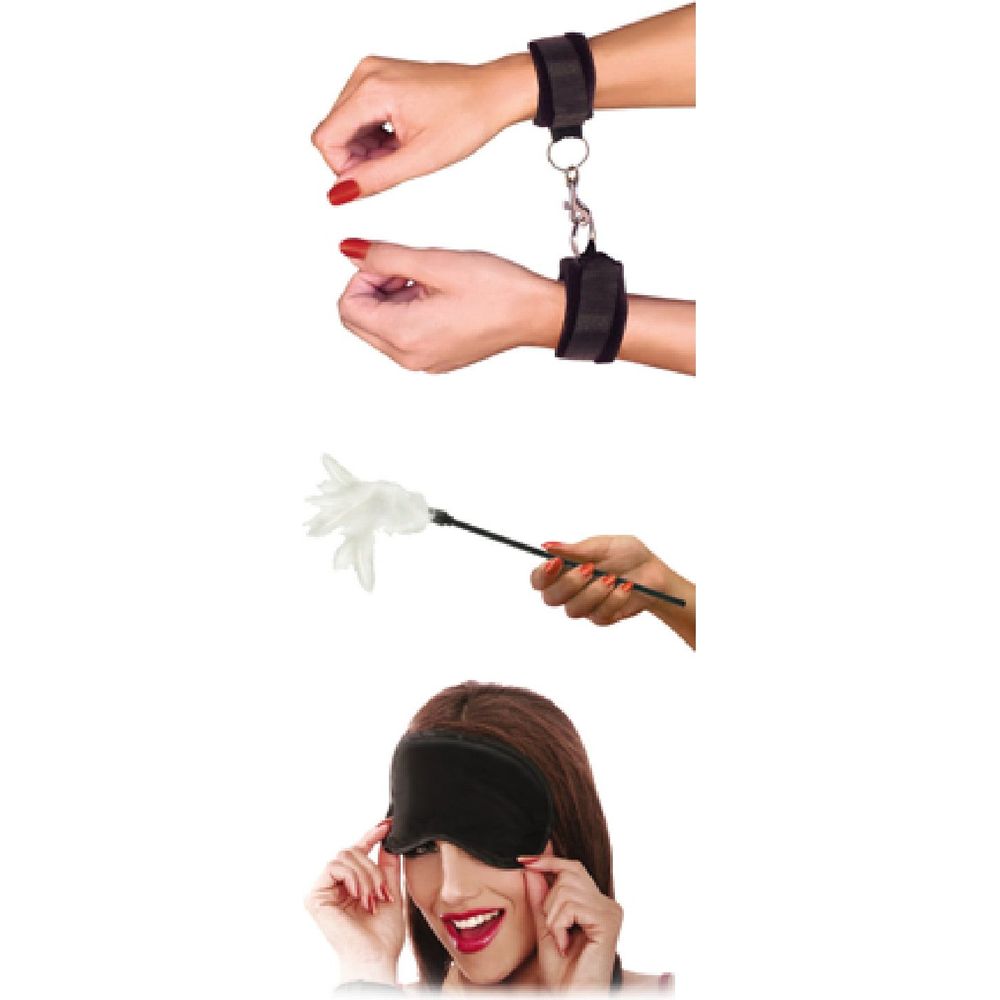 Introducing the Passionate Pleasures Sensual Seduction Kit: First Timer's Cuffs, Fantasy Feather Tickler, Satin Love Mask - A Complete Experience for Couples