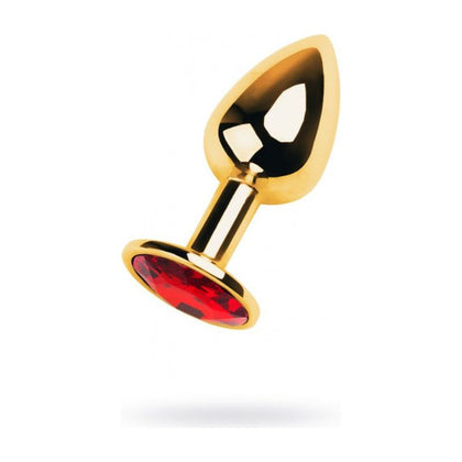 Introducing the Opulent Pleasure Co. Gold Metal Anal Plug X1 - Unisex Seductive Crimson Ruby Gem - Adult Naughty Store