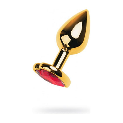 Introducing the Opuluxe Gold Metal Anal Plug with Red Ruby Crystal - Model XJ-500 - For Him or Her, Exquisite Backdoor Delight - Red Gold - Adult Naughty Store