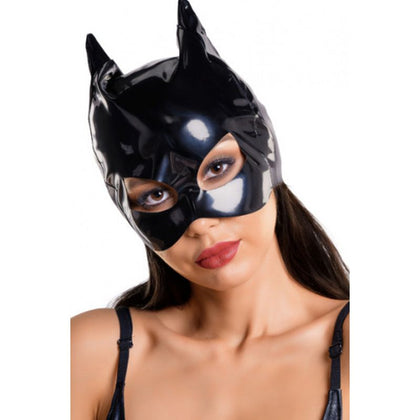 Fetish Fantasy Glossy Wetlook Cat Mask - Black, One Size, with Ears and Eye Cut Outs