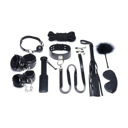 Introducing the Sensual Pleasures Deluxe 10 Piece Bondage Set: Model SPB-10. Explore the depths of desire with this captivating black ensemble, designed for those who crave an exhilarating journey into the realm of BDSM.