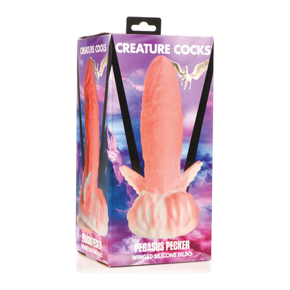 Introducing the Creature Cocks Pegasus Pecker Winged Silicone Dildo - Model P315, a Premium Pink and White Fantasy Dildo for Unisex Anal and Vaginal Pleasure - Adult Naughty Store