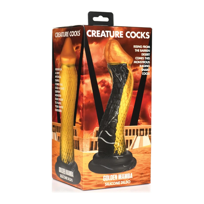 Introducing the Creature Cocks Golden Snake Silicone Dildo, Model: GSD-001, for Male and Female Pleasure in Luxurious Gold and Black
