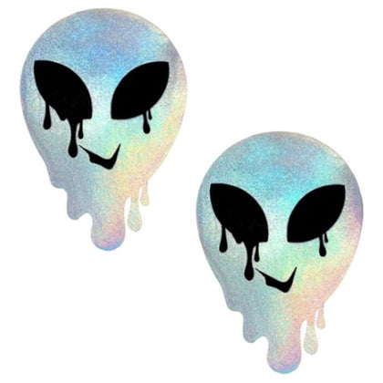 Extraterrestrial Delights: Holographic Melty Alien Pasties - Captivating Alien-inspired Nipple Covers for Mesmerizing Pleasure, Model X-001, Unisex, Intimate Accessory, Shimmering Silver