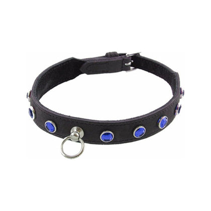 Luxury Leather Diamante Collar - COL035 - Adjustable Black & Blue BDSM Choker for Submissive Pleasure