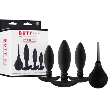 Introducing the Luxe Collection Silicone Butties 3in1 Training Kit & Cleansing Pump, Model B3-CP01, Unisex Anal Training Set in Silky Black - Adult Naughty Store