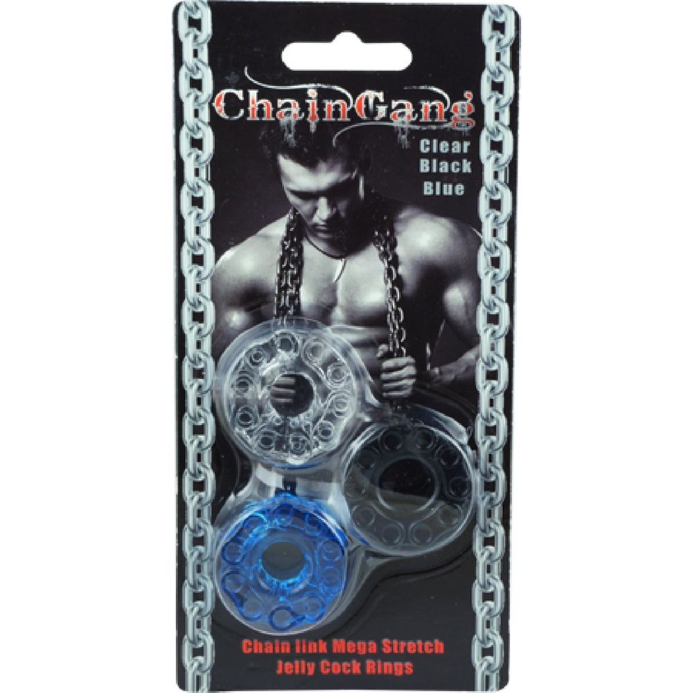 Introducing the Chain Gang Mega Stretch Jelly Cock Rings - The Ultimate Pleasure Enhancer for Him in Clear, Black, and Blue