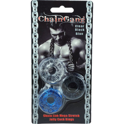 Introducing the Chain Gang Mega Stretch Jelly Cock Rings - The Ultimate Pleasure Enhancer for Him in Clear, Black, and Blue - Adult Naughty Store