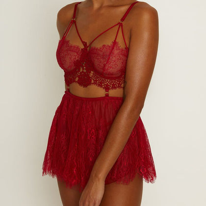 Muse L003RED Lace Cup Babydoll with Floral Appliqué - Red Eyelash Lace Mesh Lingerie Set