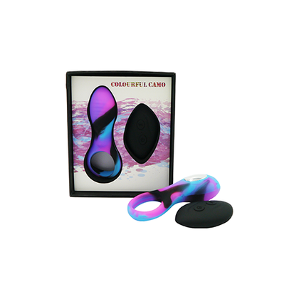 Introducing the Vibrant Vibes Colourful Camo Bravo Remote Control Cock Ring Blue - The Ultimate Pleasure Enhancer for Couples - Adult Naughty Store