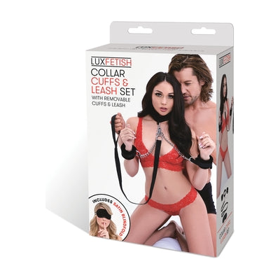 Lux Fetish Collar and Cuff Set - Ultimate Bondage Experience for Couples - Model LFC-200 - Unisex - Restrains Neck and Wrists - Black - Adult Naughty Store