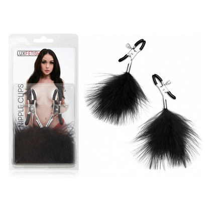 Lux Fetish Feather Nipple Clamps - Sensual Tickling and Teasing BDSM Sex Toy for Couples - Model FNC-500 - Unisex - Pleasure for Nipples - Black
