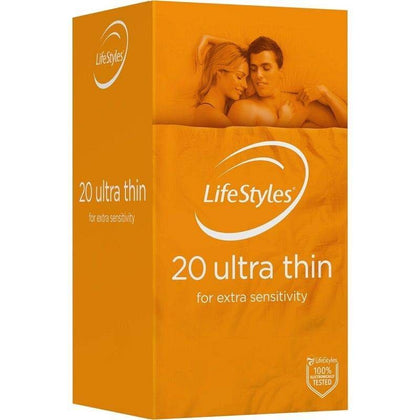 LifeStyles Ultra Thin Condoms - Premium Latex, 20 Pack, Regular Size, Lubricated, Reservoir End, Smooth Surface, Ultra-Thin for Added Sensitivity, 53mm Nominal Width, Electronically Tested - Enhance Your Intimate Experience with Confidence