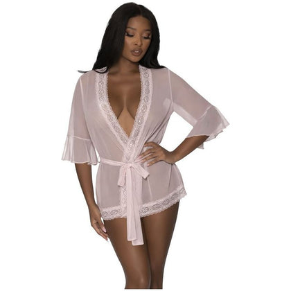 Exposed by Magic Silk Flowy Lace Trimmed Thigh Length Robe with Fluttery Bell Sleeves - Model MSLR-001 - Women's Intimate Apparel - Blush