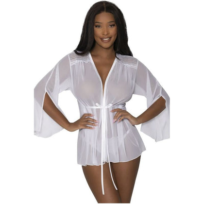 Magic Silk Exposed Flowing Short Robe - Seductive Sheer Mesh Thigh Length Robe with Lace Shoulders, Bell Sleeves, Ruched Back, and Silky Ribbon Tie Waist - Women's Erotic Lingerie in Various Sizes and Colors