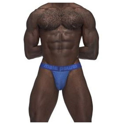 Male Power Sexagon Strappy Ring Jock Blue - Deluxe Elastic Back Straps, Y-Back Thong Strap, Hexagon Print, Moisture-Wicking, Breathable - Men's Pleasure Underwear
