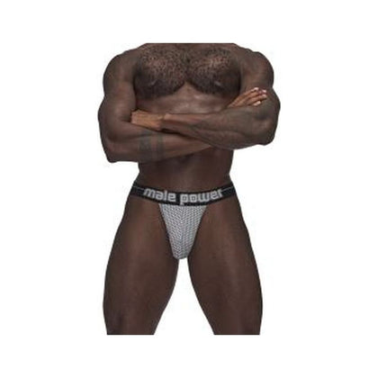 Male Power Sexagon Strappy Ring Jock Grey - Deluxe Elastic Back Straps, Y Back Thong Strap, Hexagon Print Fabric, Moisture-Wicking and Breathable, Plush Branded Waistband