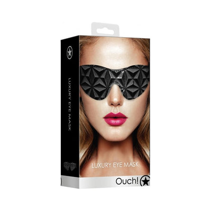 Introducing the Exquisite Sensations Faux-Leather Luxury Eye Mask - Model ESM-001 in Elegant Black for Alluring Sensory Play.