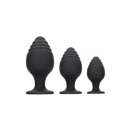 Introducing the LuxeRipple Series Silicone Rippled Anal Plug Set - Model 3X7B- Unisex Anal Pleasure Toy Set in Black - Adult Naughty Store