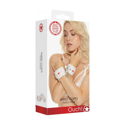 Introducing the Exquisite Nurse Theme White Wrist Cuffs - Model NWC-001 - Designed for Ultimate Pleasure and Sensual Exploration