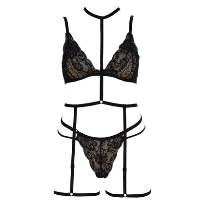 Muse PL001BLK Sensual Soft Cup Lace Triangle Bralette and G-String Lingerie Set with Body Harness - Women's Intimate Pleasure - Black