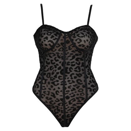 MUSE PL004BLK Black Flocked Leopard Pattern Adjustable Cat One Piece Lingerie - Model Number PL004BLK, Women's, Full Body, Sensual Pleasure, Black
