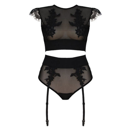 Muse PL006BLK Sensual Delights Black Mesh and Floral Applique Top with Lace, Cap Sleeves, High Waisted Panties with Garter Straps - Women's Erotic Lingerie Set