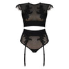 Muse PL006BLK Sensual Delights Black Mesh and Floral Applique Top with Lace, Cap Sleeves, High Waisted Panties with Garter Straps - Women's Erotic Lingerie Set