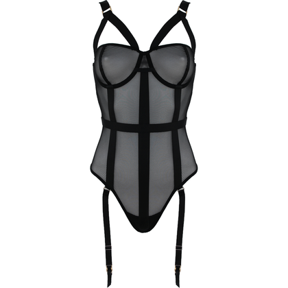 Muse PL009BLK Black Mesh One Piece Teddy - Sensual Lingerie for Women, Waist-Enhancing Bustier with Silver Hardware, Adjustable Straps, and Suspender Straps