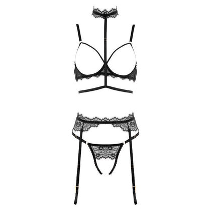Muse PL010BLK Seductive Black Lace 4-Piece Set: Open Cup Bust, Crotchless Bottom, Garter Belt, and Neck to Waist Harness