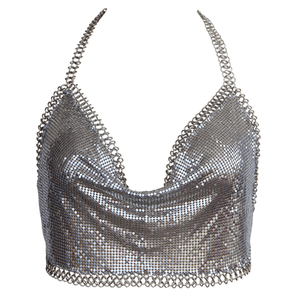 Muse Glomesh Clubwear Top PT001SIL - Silver Halter Neck Chainmail Trimmed Clubwear Top for Women