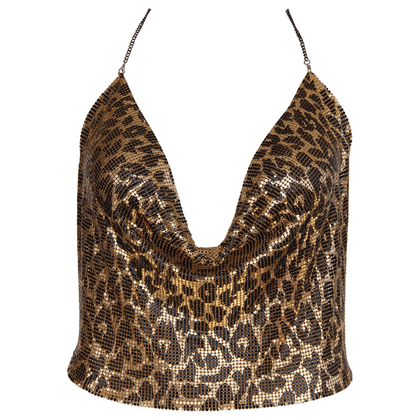 Muse Glomesh Clubwear Top - PT003LEO - Gold Leopard Print - Women's Open Back Halter Cowl Neck Chain Top