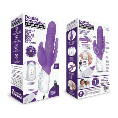 Rabbit Essentials Rechargeable Double Penetration Rabbit Vibrator - Model DP-200 - For Women - Dual Stimulation - Hot Purple - Adult Naughty Store