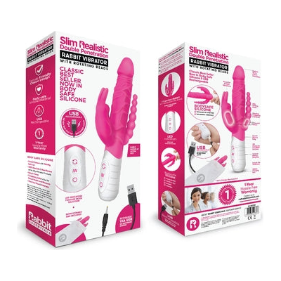 Introducing the Rabbit Essentials Rechargeable Slim Double Penetration Rabbit - Hot Pink: The Ultimate Pleasure Powerhouse - Adult Naughty Store