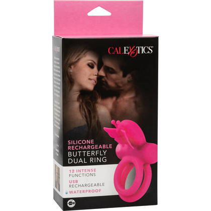 CalExotics Silicone Rechargeable Butterfly Dual Ring - Model XR-2000 - Couples Vibrating Cock Ring for Enhanced Pleasure - Pink - Adult Naughty Store