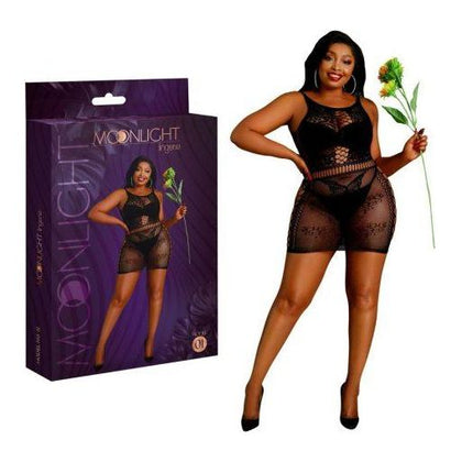 Adrien Lastic Moonlight Plus Model 01 Black Dress: Sensual Plus Size Floral Mesh Lingerie for Women, Accentuates Cleavage, Hips, and Shoulders, Perfectly Black Translucent Fabric, Sizes for Ladies 4'9