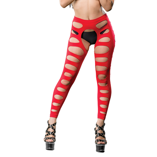 Beverly Hills Naughty Girl Sexy Leggings Variegated Hole Red O/S - Women's Crotchless Mesh Lingerie Leggings