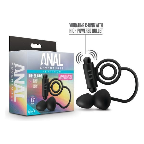 Blush Novelties Anal Adventures Platinum Silicone Anal Plug with Vibrating C Ring - Model AP-VR-01 - Unisex Anal Pleasure - Black