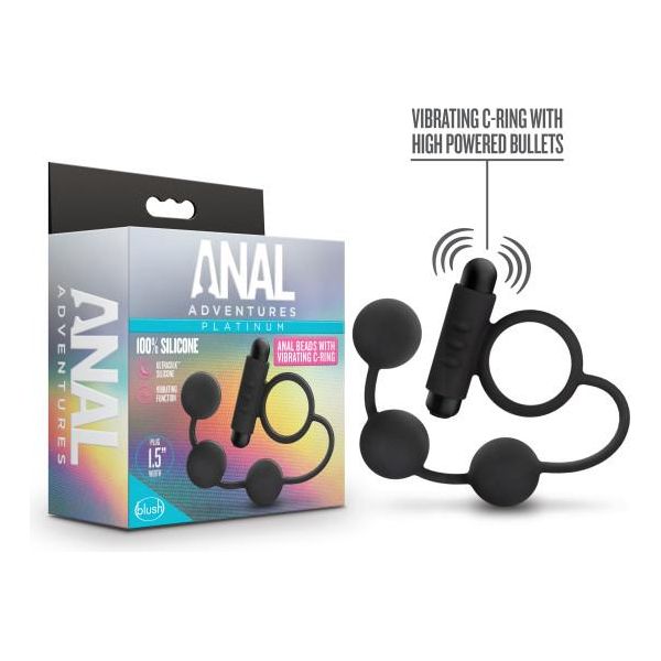 Blush Novelties Platinum Anal Adventures Anal Beads with Vibrating Cock Ring - Model AAVCR-001: Unisex, Anal Pleasure, Black