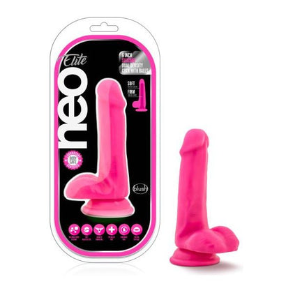 Blush Novelties Neo Elite 6in Silicone Dual Density Cock with Balls - Model NE-6DDC-NP - Realistic Dildo for Enhanced Pleasure - Neon Pink