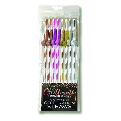 Candy Prints Glitterati Straws Tall - Metallic Stripe Paper Straws with Glittery Penis Applique - 8 Count Package - Bachelorette Party, Girls Only Gathering - Fun and Fancy Sipping Experience - Gold, Silver, Rose Gold, Bronze