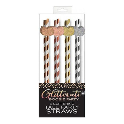 Candyprints Glitterati Boobie Tall Party Straws - Fun Metallic Paper Cocktail Straws with Glittery Boobie Applique - Pack of 8 (Gold, Silver, Rose Gold, Bronze) - Perfect for Bachelorette and Anniversary Parties