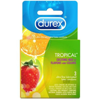 Durex Tropical 3 Pack Latex Condoms - Flavored Variety for Enhanced Pleasure - Banana, Strawberry, Apple, and Orange - Nominal Width 53mm - For Men and Women - Exciting Pleasure in Every Color