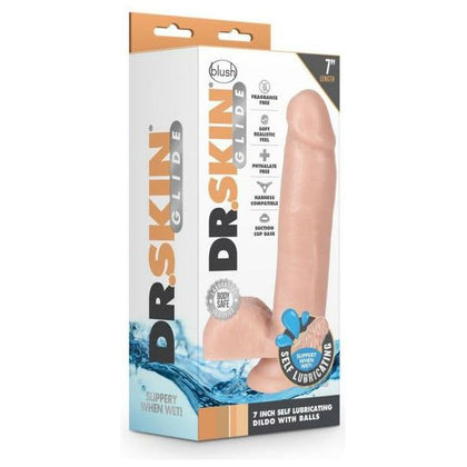 Dr. Skin Glide 7 Inch Self Lubricating Dildo with Balls - Realistic Pleasure for All Genders - Suction Cup Base - TPE Material - Water-Activated Lubrication - Sensual Vanilla
