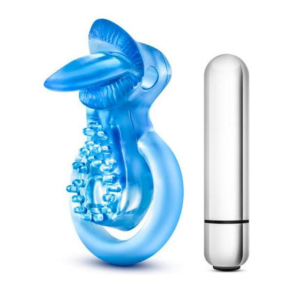 Blush Novelties Stay Hard 10 Function Vibrating Tongue Ring Blue - Versatile Couples Cock Ring for Stronger, Longer Pleasure