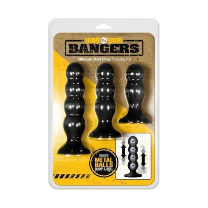 Introducing the **Boneyard Bangers 3pc Kit Black Silicone Butt Plug Set** - Model BB-SBP3 - Unisex Anal Play Training Kit in Black