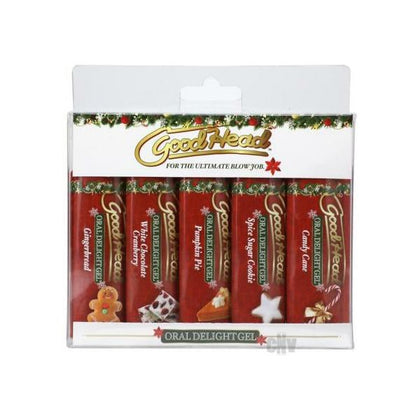 Doc Johnson GoodHead Oral Delight Gel Holiday 5pk - Edible Blow Job Enhancer for Unforgettable Foreplay Experience - Pumpkin Pie, Spice Sugar Cookie, Gingerbread Head, White Chocolate Cranberry, and Candy Cane Flavors