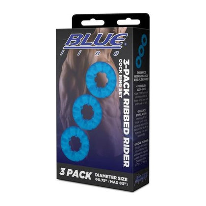 Blue Line Ribbed Rider Cock Rings 3-Pack - Enhance Erection, Stimulate Cock and Balls, Pleasure Partner - Blue