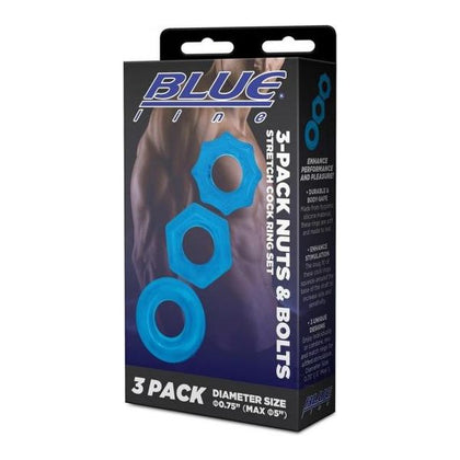 Blue Line Nuts Bolts Cock Ring Set - 3pk Blue - Enhance Erections and Stimulate Both Partners